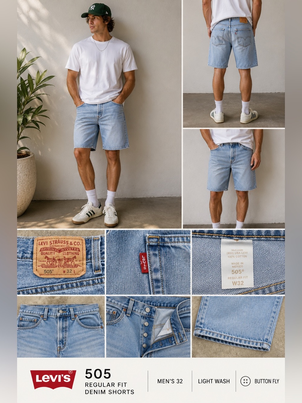 Levi’s 505 Denim Shorts Men’s 32 Light Wash Jean Button Fly Regular Fit Vintage